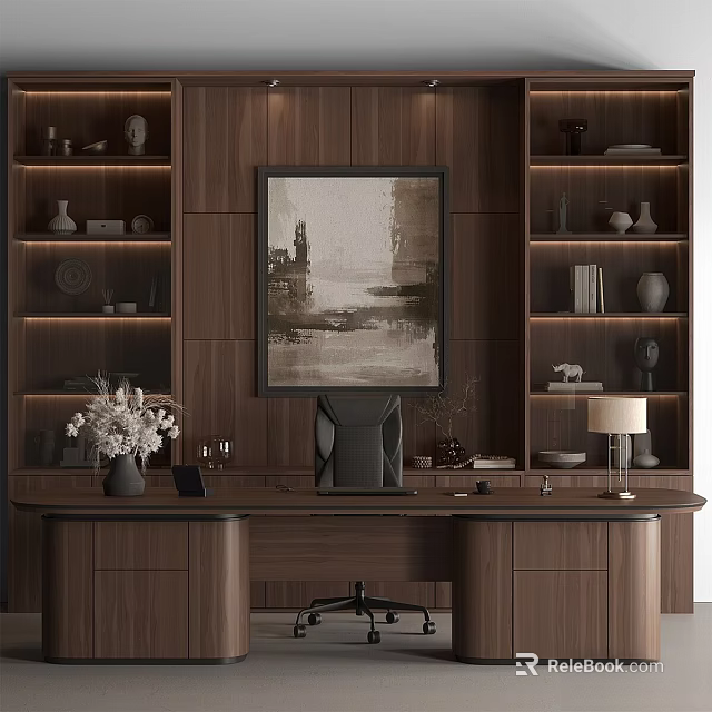 Modern Luxury Study Room Desk and Office Chair with Bookshelves Decorative Painting and Table Lamp 3d model 