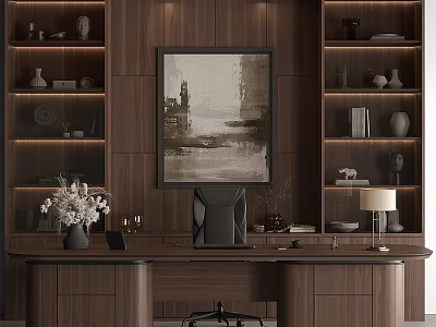 Modern Luxury Study Room Desk and Office Chair with Bookshelves Decorative Painting and Table Lamp 3d model