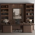 Modern Luxury Study Room Desk and Office Chair with Bookshelves Decorative Painting and Table Lamp