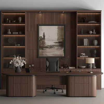 Modern Luxury Study Room Desk and Office Chair with Bookshelves Decorative Painting and Table Lamp 3d model