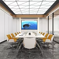 Modern Reception Desk Area with Marble Walls Glass Doors Blue Lighting and Open Office Interior