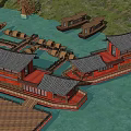 Traditional Wooden Boats By Chinese Red Buildings With Tile Roofs And Wooden Piers