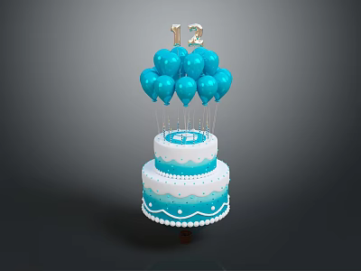 Two Layer Cake Topped With Blue Balloons And Number 12 Decoration 3d model