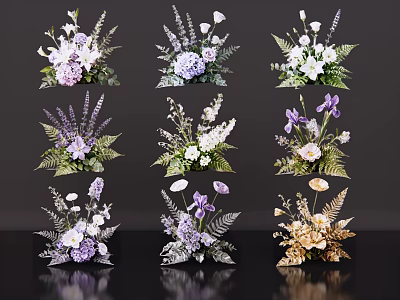 Artistic Floral Display with Purple White Blooms and Green Foliage for Interior Decoration 3d model