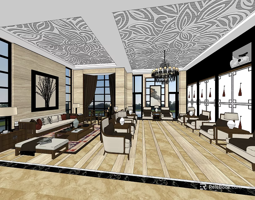 Elegant Modern Hotel Public Lounge Interior With Chandelier Comfortable Sofas And Decorative Paintings 3d model 