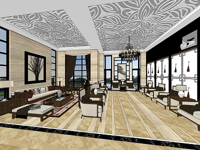 Elegant Modern Hotel Public Lounge Interior With Chandelier Comfortable Sofas And Decorative Paintings 3d model