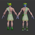 3D Character Model Front Back View with Yellow Helmet White Tunic Brown Pouch Red Sandals