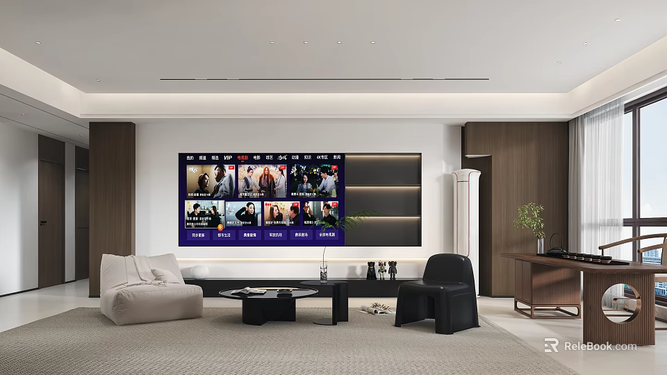 Modern Open Concept Dining and Living Room Interior With Sofa Coffee Table And Decorative Lighting 3d model 