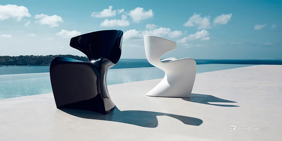 Modern Black And White Lounge Chairs With Unique Design On Outdoor Terrace Under Blue Sky 3d model 