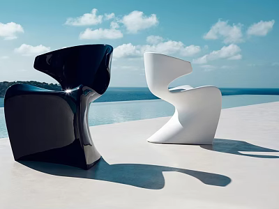 Modern Black And White Lounge Chairs With Unique Design On Outdoor Terrace Under Blue Sky 3d model
