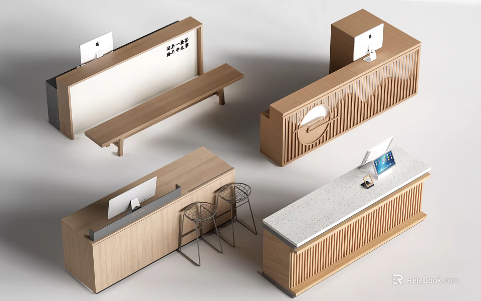 Modern Wooden Bar Counter Interior Designs With Bench Stools And White Countertop 3d model 