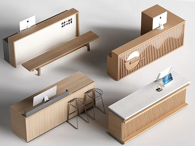 Modern Wooden Bar Counter Interior Designs With Bench Stools And White Countertop 3d model