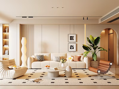 Stylish Warm Cream Tone Modern Living Room With Comfortable Sofa And Lush Green Indoor Plants 3d model
