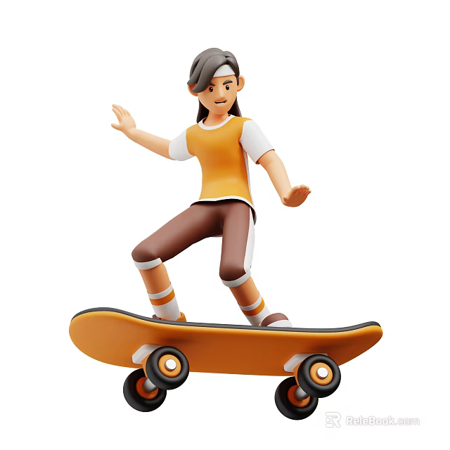 A woman riding orange skateboard with black wheels in orange top and brown pants 3d model 