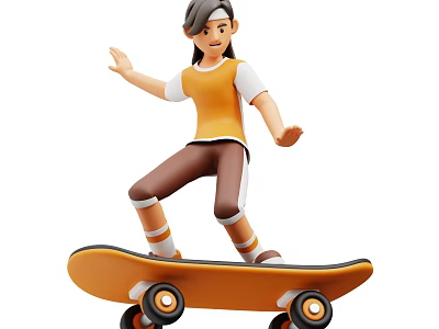 A woman riding orange skateboard with black wheels in orange top and brown pants 3d model