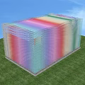 Colorful Transparent Pergola With Glass Panels And Standing Figure On Green Grass Under Blue Sky