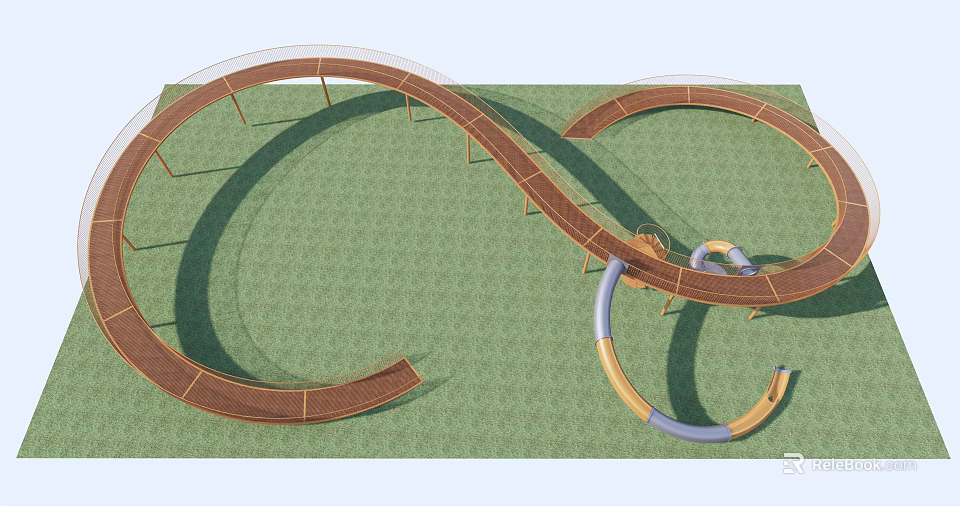 Curved Wooden Bridge Design on Green Grassland With Circular Structures and Railings 3d model 