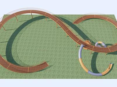 Curved Wooden Bridge Design on Green Grassland With Circular Structures and Railings 3d model