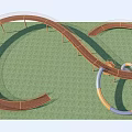 Curved Wooden Bridge Design on Green Grassland With Circular Structures and Railings