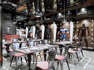 Marvel Heroes Themed Restaurant With Industrial Style Metal Tables Chairs And Hero Statues 3d model