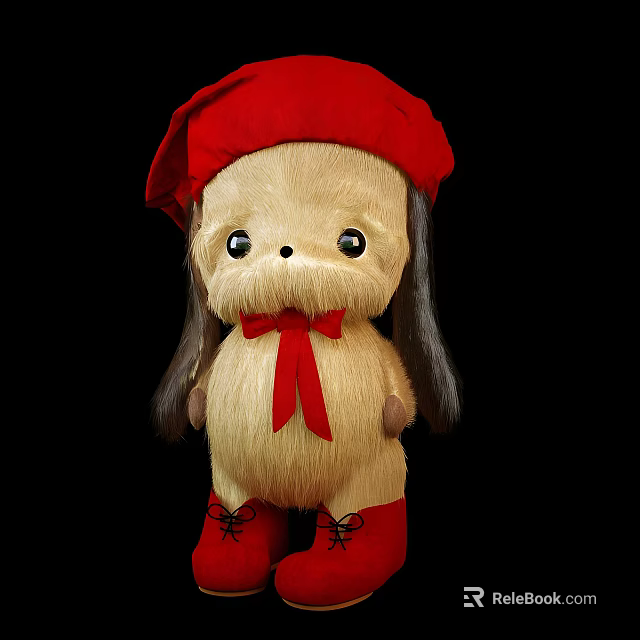 Cute Stuffed Doll with Red Hat Bow Tie Boots Light Brown Fur and Big Eyes 3d model 