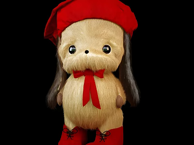 Cute Stuffed Doll with Red Hat Bow Tie Boots Light Brown Fur and Big Eyes 3d model