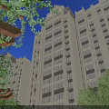 Lush Garden Landscape with High Rise Buildings Vine Covered Arches Trees Flowers and People Walking