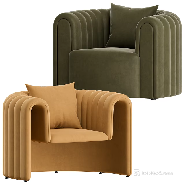 Green And Brown Velvet Lounge Chairs With Vertical Tufting And Accent Pillow 3d model 