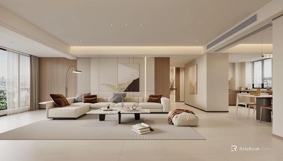 Modern Living and Dining Room Open Concept Minimalist Design White Sofa Wooden Tones Decorative Painting 3d model 