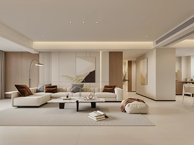 Modern Living and Dining Room Open Concept Minimalist Design White Sofa Wooden Tones Decorative Painting 3d model