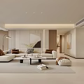 Modern Living and Dining Room Open Concept Minimalist Design White Sofa Wooden Tones Decorative Painting