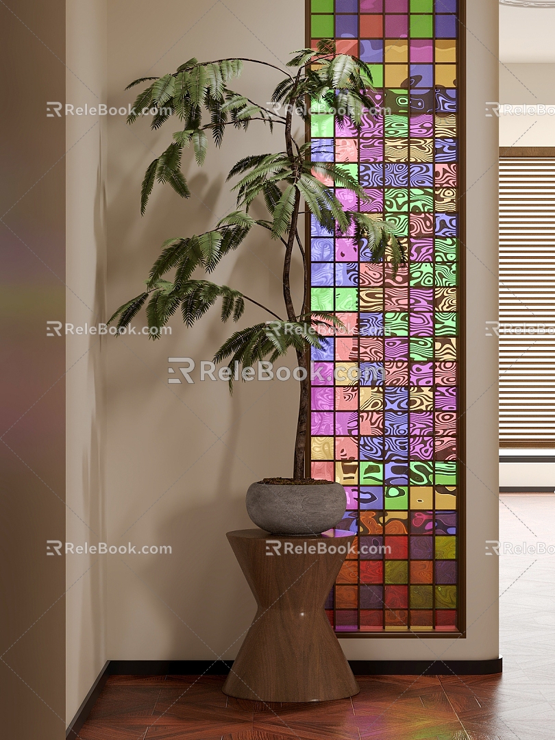 Antique Plant Potted Plant Ornament Decoration Green Plant Vintage Stained Glass Partition 3d model