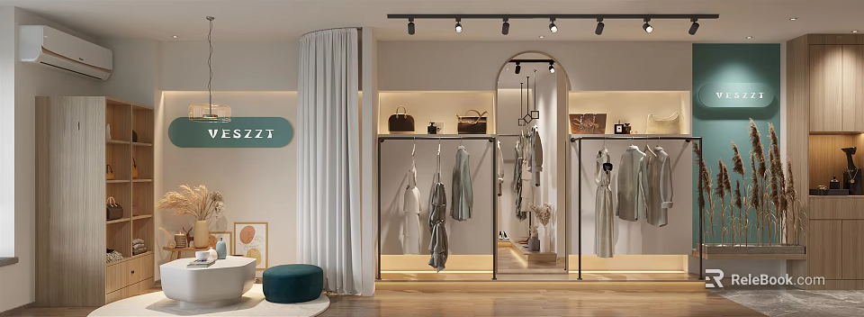 Modern Clothing Store Interior With Hanging Clothes Display Racks Soft Lighting And Curtain Accents 3d model 