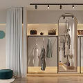 Modern Clothing Store Interior With Hanging Clothes Display Racks Soft Lighting And Curtain Accents
