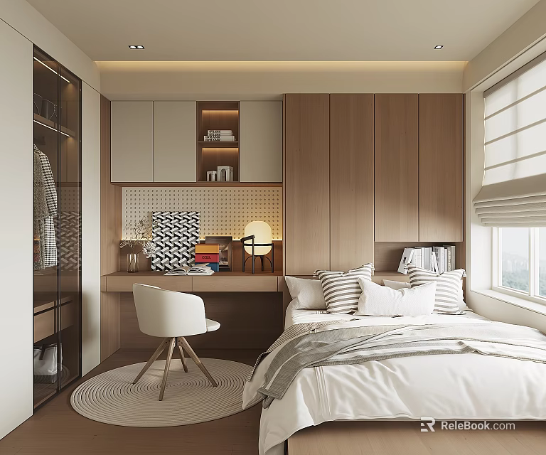 Modern Tatami Bedroom With Built-in Wardrobe Desk Shelf And Window Blinds Design 3d model 