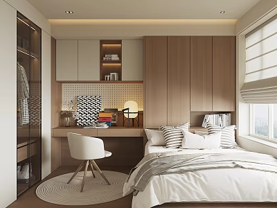 Modern Tatami Bedroom With Built-in Wardrobe Desk Shelf And Window Blinds Design 3d model