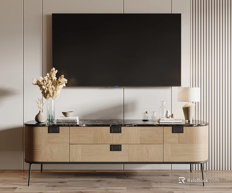 Modern Wooden TV Stand With Marble Top Decorative Vase Table Lamp And Wall Mounted TV 3d model 