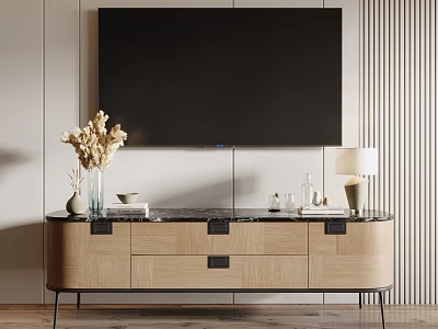 Modern Wooden TV Stand With Marble Top Decorative Vase Table Lamp And Wall Mounted TV 3d model