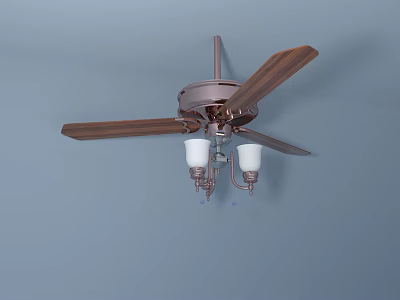 Ceiling Fan With Wooden Blades And Two White Lights For Home Decoration 3d model
