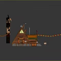 Mystery Shack Wooden Cabin Building With Signboard Decorative Flags And Roof Design