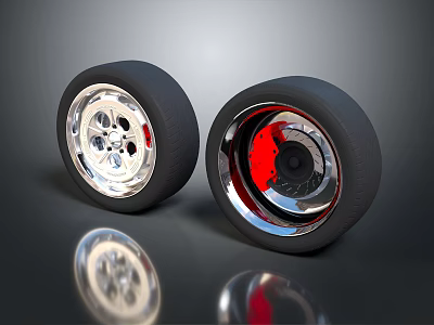 Two Car Tires With Silver Rims Red Accents And Reflective Surfaces On Dark Background 3d model