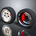 Two Car Tires With Silver Rims Red Accents And Reflective Surfaces On Dark Background