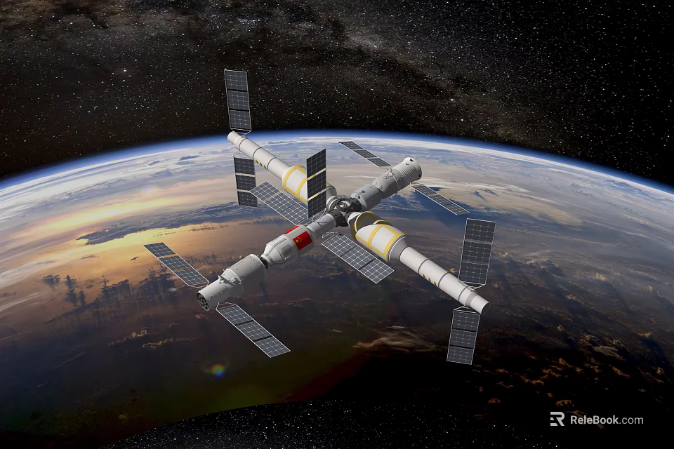 Colorful Cartoon Scenario With Space Station Orbiting Earth And Starry Sky 3d model