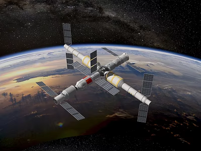 Colorful Cartoon Scenario With Space Station Orbiting Earth And Starry Sky 3d model