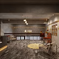 Specialty Store Interior With Wooden Balcony Chandelier Display Shelves Cases And Staircase