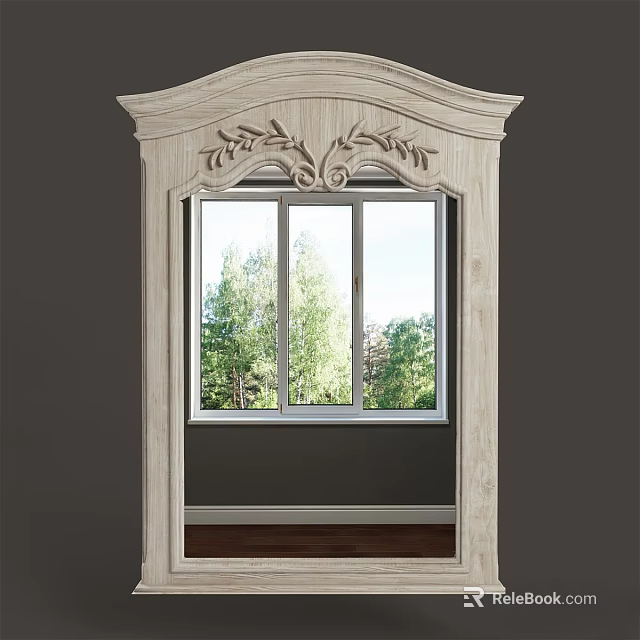 Decorative Wooden Framed Mirror With Carved Details Reflecting Trees Outside Window 3d model 