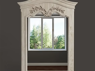 Decorative Wooden Framed Mirror With Carved Details Reflecting Trees Outside Window 3d model