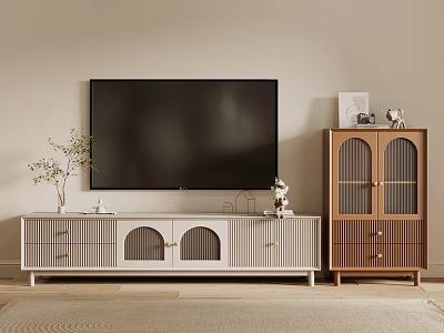 Modern Light Colored TV Stand With Arched Doors Drawers And Decorative Plant Vase 3d model