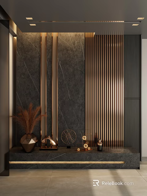 Modern Luxury Entryway Hallway With Marble Wall And Golden Vertical Strips 3d model 