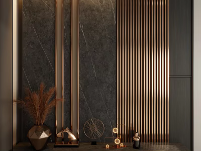 Modern Luxury Entryway Hallway With Marble Wall And Golden Vertical Strips 3d model
